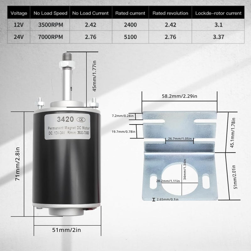 MAKERELE High Torque DC Motor 12V/24V 30W - 3500/7000RPM Permanent Magnet Electric Motor with Cable Connector and Mount, for DIY Generator (CW/CCW, XD-3420 Type, Threaded Shaft) - Image 2